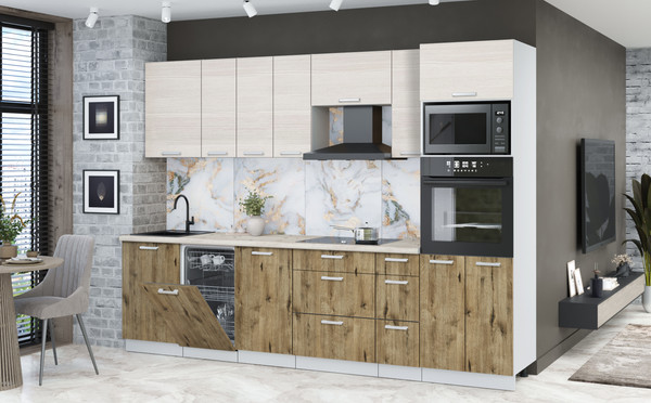 Изображение товара Кухонный гарнитур Интерлиния Мила Лайт 2.9-ПМ3 (вудлайн кремовый/дуб веллингтон/бискайская сосна)