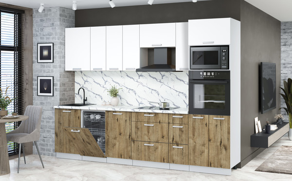 Изображение товара Кухонный гарнитур Интерлиния Мила Лайт 2.9-ПМ3 (белый платинум/дуб веллингтон/белый гранит)