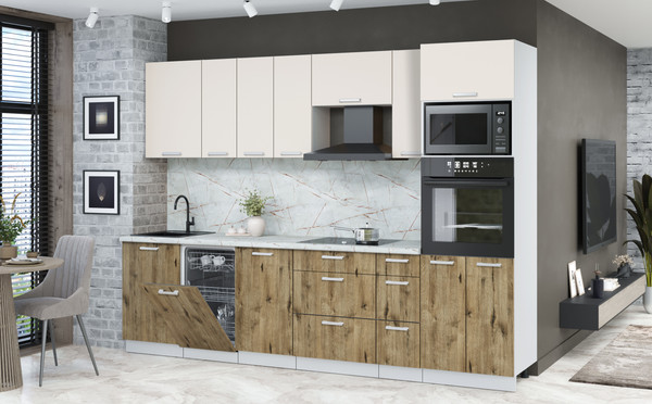 Изображение товара Кухонный гарнитур Интерлиния Мила Лайт 2.9-ПМ3 (персидский жемчуг/дуб веллингтон/серый каспий)