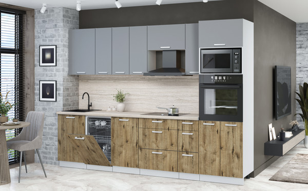 Изображение товара Кухонный гарнитур Интерлиния Мила Лайт 2.9-ПМ3 (серебро/дуб веллингтон/травертин серый)