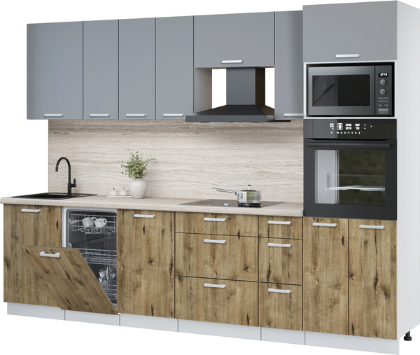 Изображение товара Кухонный гарнитур Интерлиния Мила Лайт 2.9-ПМ3 (серебро/дуб веллингтон/травертин серый)