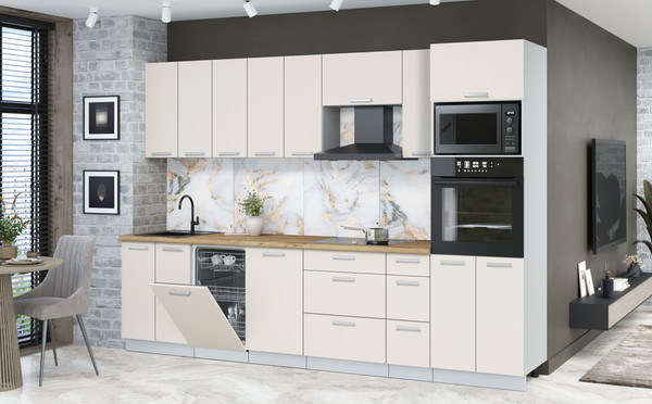 Изображение товара Кухонный гарнитур Интерлиния Мила Лайт 3.0-ПМ3 (персидский жемчуг/персидский жемчуг/дуб бунратти)