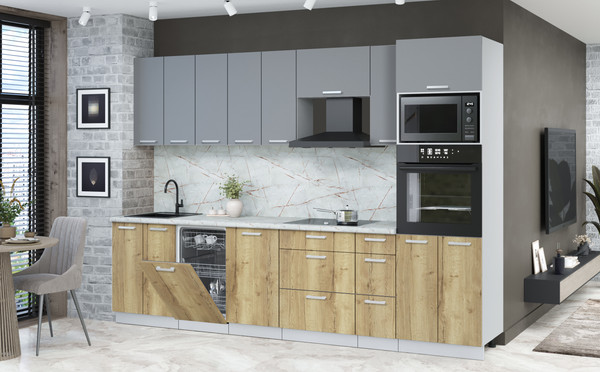 Изображение товара Кухонный гарнитур Интерлиния Мила Лайт 3.0-ПМ3 (серебро/дуб золотой/серый каспий)