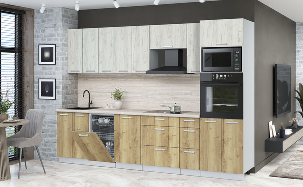 Изображение товара Кухонный гарнитур Интерлиния Мила Лайт 3.0-ПМ3 (дуб белый/дуб золотой/травертин серый)