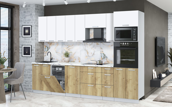 Изображение товара Кухонный гарнитур Интерлиния Мила Лайт 3.0-ПМ3 (белый платинум/дуб золотой/белый гранит)