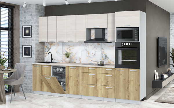 Изображение товара Кухонный гарнитур Интерлиния Мила Лайт 3.0-ПМ3 (вудлайн кремовый/дуб золотой/травертин серый)