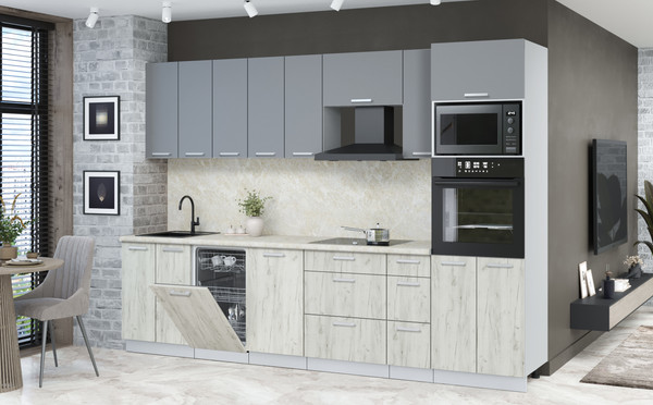 Изображение товара Кухонный гарнитур Интерлиния Мила Лайт 3.0-ПМ3 (серебро/дуб белый/опал светлый)