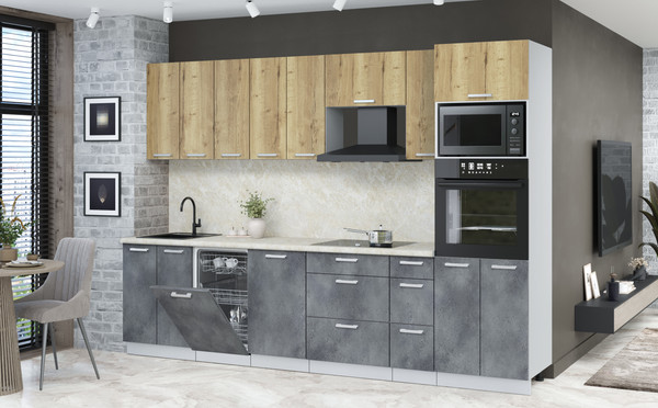 Изображение товара Кухонный гарнитур Интерлиния Мила Лайт 3.0-ПМ3 (дуб золотой/бетон портленд/опал светлый)