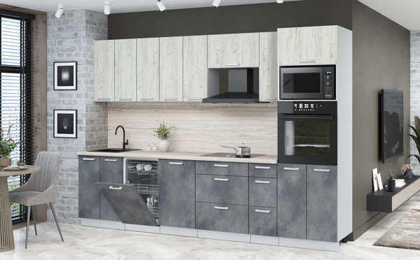 Изображение товара Кухонный гарнитур Интерлиния Мила Лайт 3.0-ПМ3 (дуб белый/бетон портленд/травертин серый)