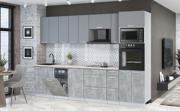 Изображение товара Кухонный гарнитур Интерлиния Мила Лайт 3.0-ПМ3 (серебро/бетон/травертин серый)