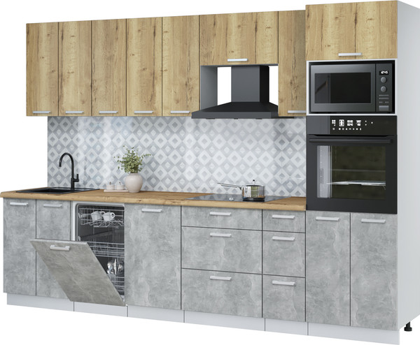 Изображение товара Кухонный гарнитур Интерлиния Мила Лайт 3.0-ПМ3 (дуб золотой/бетон/дуб бунратти)