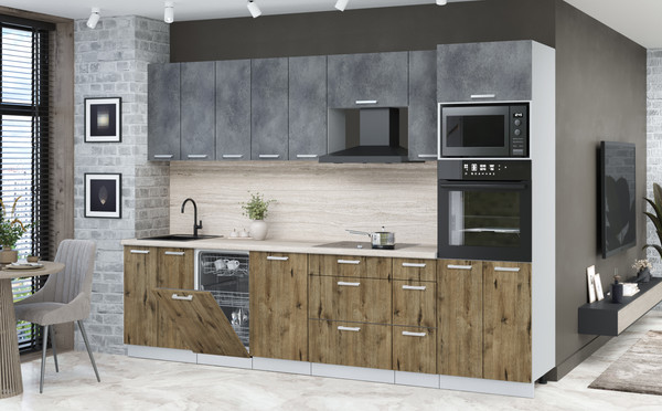 Изображение товара Кухонный гарнитур Интерлиния Мила Лайт 3.0-ПМ3 (бетон портленд/дуб веллингтон/травертин серый)