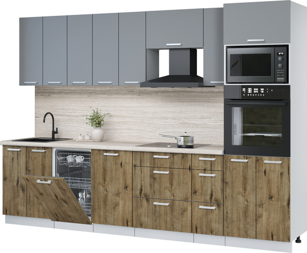 Изображение товара Кухонный гарнитур Интерлиния Мила Лайт 3.0-ПМ3 (серебро/дуб веллингтон/травертин серый)