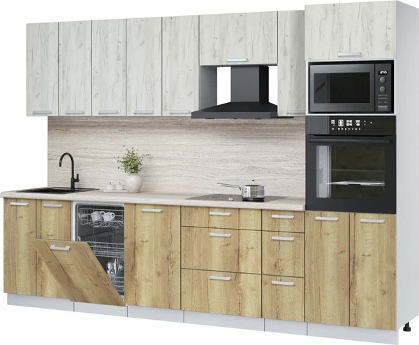 Изображение товара Кухонный гарнитур Интерлиния Мила Лайт 3.05-ПМ3 (дуб белый/дуб золотой/травертин серый)