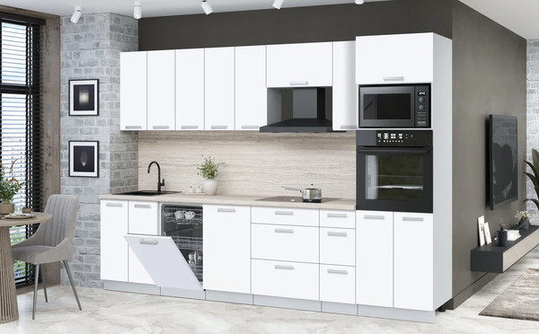 Изображение товара Кухонный гарнитур Интерлиния Мила Лайт 3.05-ПМ3 (белый платинум/белый платинум/травертин серый)