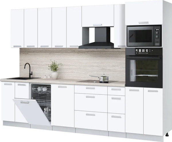 Изображение товара Кухонный гарнитур Интерлиния Мила Лайт 3.05-ПМ3 (белый платинум/белый платинум/травертин серый)