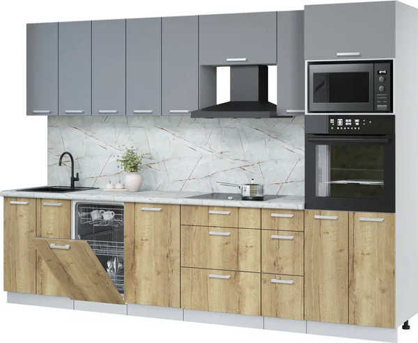 Изображение товара Кухонный гарнитур Интерлиния Мила Лайт 3.05-ПМ3 (серебро/дуб золотой/серый каспий)