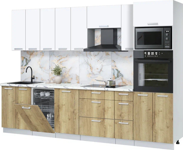 Изображение товара Кухонный гарнитур Интерлиния Мила Лайт 3.05-ПМ3 (белый платинум/дуб золотой/белый гранит)
