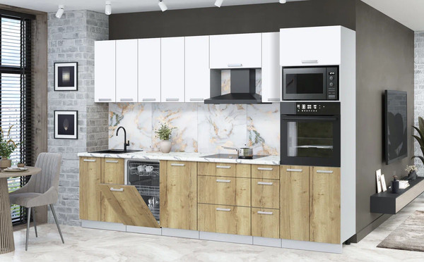 Изображение товара Кухонный гарнитур Интерлиния Мила Лайт 3.05-ПМ3 (белый платинум/дуб золотой/белый гранит)