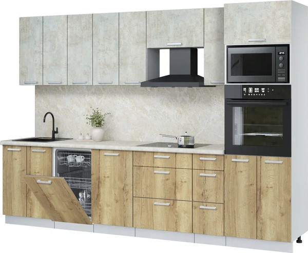 Изображение товара Кухонный гарнитур Интерлиния Мила Лайт 3.05-ПМ3 (бетон лайт/дуб золотой/опал светлый)