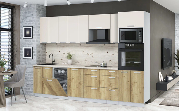 Изображение товара Кухонный гарнитур Интерлиния Мила Лайт 3.05-ПМ3 (персидский жемчуг/дуб золотой/бискайская сосна)