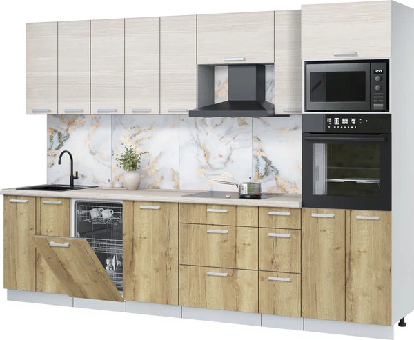 Изображение товара Кухонный гарнитур Интерлиния Мила Лайт 3.05-ПМ3 (вудлайн кремовый/дуб золотой/травертин серый)