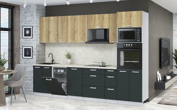 Изображение товара Кухонный гарнитур Интерлиния Мила Лайт 3.05-ПМ3 (дуб золотой/антрацит/опал светлый)