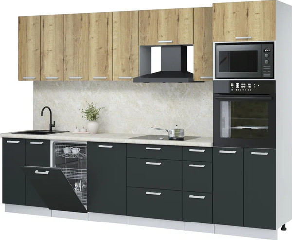 Изображение товара Кухонный гарнитур Интерлиния Мила Лайт 3.05-ПМ3 (дуб золотой/антрацит/опал светлый)