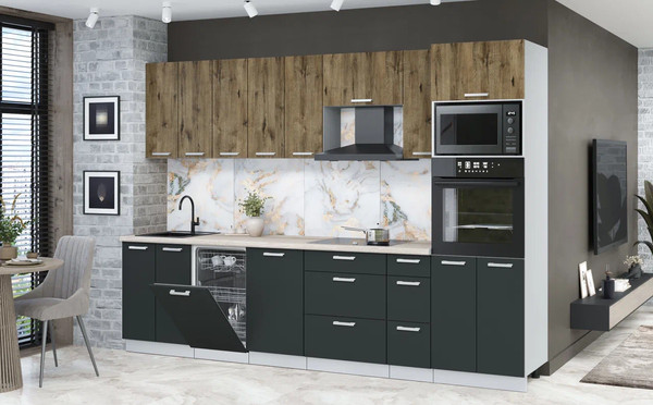 Изображение товара Кухонный гарнитур Интерлиния Мила Лайт 3.05-ПМ3 (дуб веллингтон/антрацит/травертин серый)