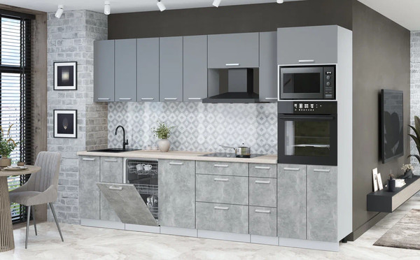 Изображение товара Кухонный гарнитур Интерлиния Мила Лайт 3.05-ПМ3 (серебро/бетон/травертин серый)