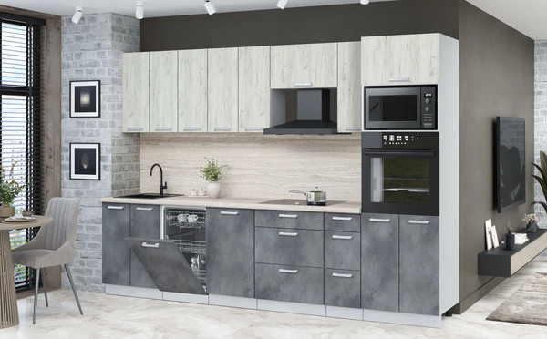 Изображение товара Кухонный гарнитур Интерлиния Мила Лайт 3.05-ПМ3 (дуб белый/бетон портленд/травертин)