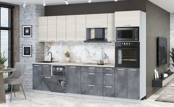 Изображение товара Кухонный гарнитур Интерлиния Мила Лайт 3.05-ПМ3 (вудлайн кремовый/бетон портленд/бискайская сосна)