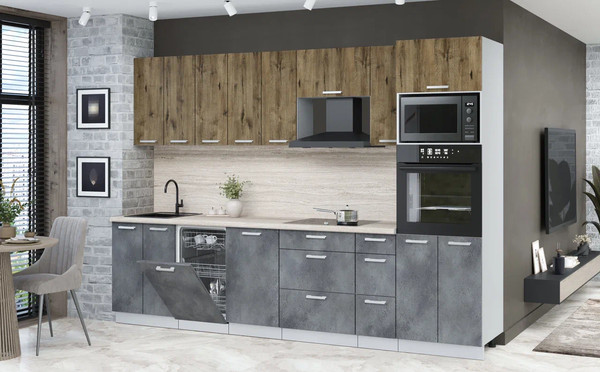 Изображение товара Кухонный гарнитур Интерлиния Мила Лайт 3.05-ПМ3 (дуб веллингтон/бетон портленд/травертин серый)