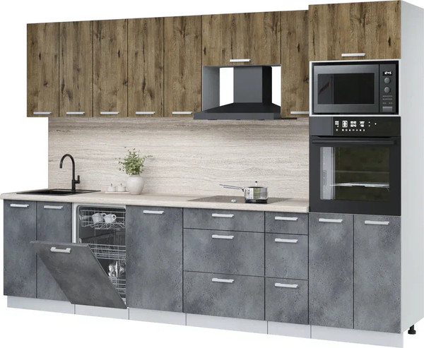 Изображение товара Кухонный гарнитур Интерлиния Мила Лайт 3.05-ПМ3 (дуб веллингтон/бетон портленд/травертин серый)