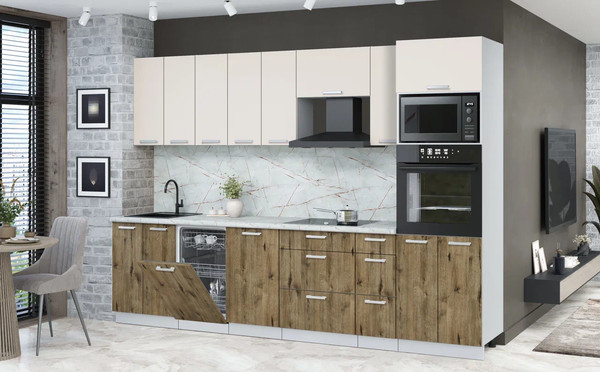 Изображение товара Кухонный гарнитур Интерлиния Мила Лайт 3.05-ПМ3 (персидский жемчуг/дуб веллингтон/серый каспий)