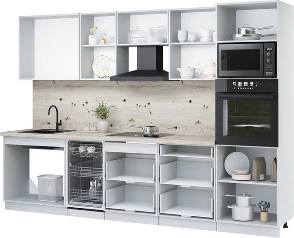 Изображение товара Кухонный гарнитур Интерлиния Мила Лайт 3.05-ПМ3 (белый платинум/белый платинум/травертин серый)