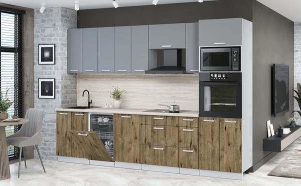 Изображение товара Кухонный гарнитур Интерлиния Мила Лайт 3.05-ПМ3  (серебро/дуб веллингтон/травертин серый)