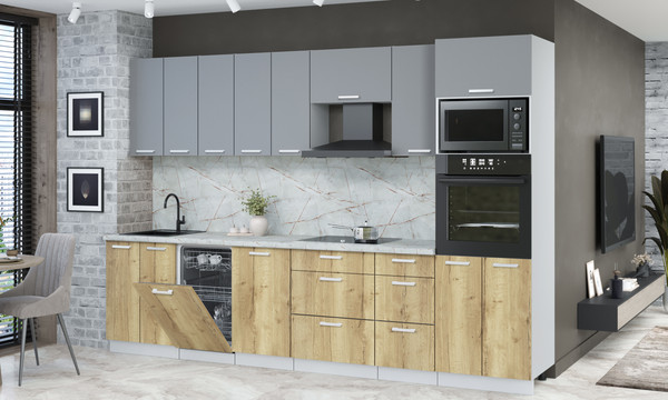 Изображение товара Кухонный гарнитур Интерлиния Мила Лайт 3.1-ПМ3  (серебро/дуб золотой/серый каспий)