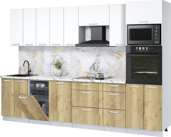 Изображение товара Кухонный гарнитур Интерлиния Мила Лайт 3.1-ПМ3 (белый платинум/дуб золотой/белый гранит)