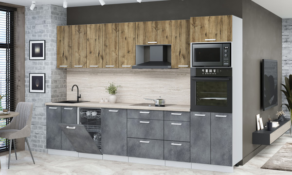 Изображение товара Кухонный гарнитур Интерлиния Мила Лайт 3.1-ПМ3 (дуб веллингтон/бетон портленд/травертин серый)