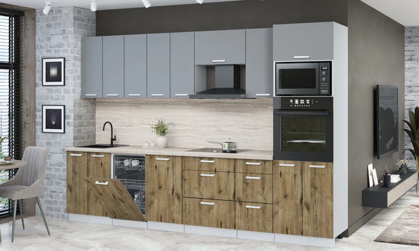 Изображение товара Кухонный гарнитур Интерлиния Мила Лайт 3.1-ПМ3 (серебро/дуб веллингтон/травертин серый)