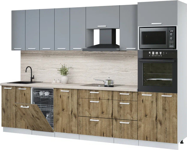 Изображение товара Кухонный гарнитур Интерлиния Мила Лайт 3.1-ПМ3 (серебро/дуб веллингтон/травертин серый)