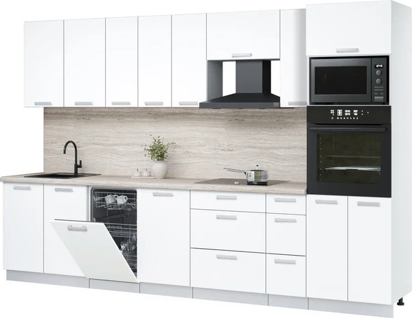 Изображение товара Кухонный гарнитур Интерлиния Мила Лайт 3.2-ПМ3  (белый платинум/белый платинум/травертин серый)