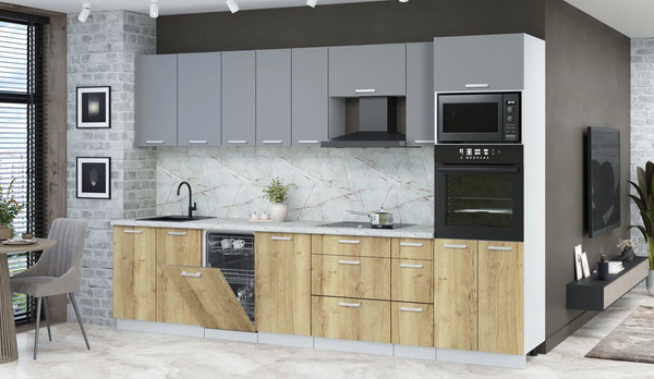 Изображение товара Кухонный гарнитур Интерлиния Мила Лайт 3.2-ПМ3   (серебро/дуб золотой/серый каспий)