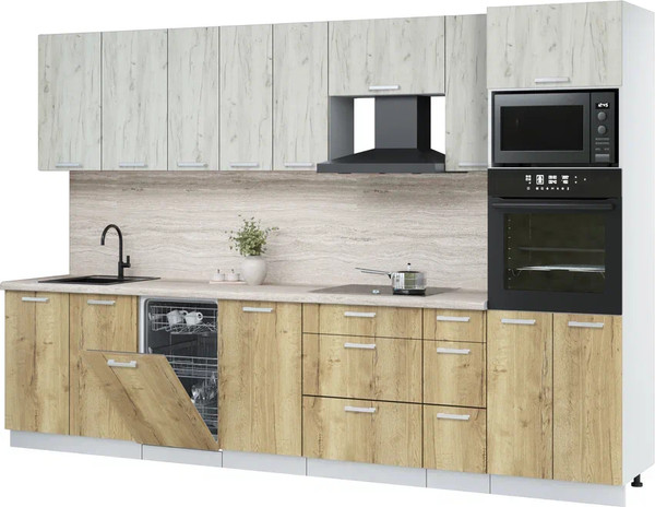 Изображение товара Кухонный гарнитур Интерлиния Мила Лайт 3.2-ПМ3 (дуб белый/дуб золотой/травертин серый)