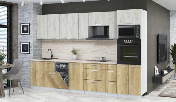 Изображение товара Кухонный гарнитур Интерлиния Мила Лайт 3.2-ПМ3 (дуб белый/дуб золотой/травертин серый)