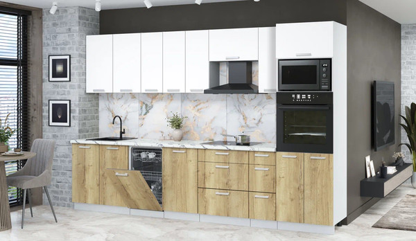 Изображение товара Кухонный гарнитур Интерлиния Мила Лайт 3.2-ПМ3 (белый платинум/дуб золотой/белый гранит)