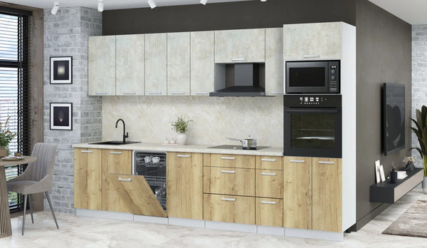 Изображение товара Кухонный гарнитур Интерлиния Мила Лайт 3.2-ПМ3 (бетон лайт/дуб золотой/опал светлый)