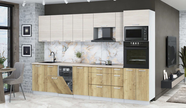 Изображение товара Кухонный гарнитур Интерлиния Мила Лайт 3.2-ПМ3 (вудлайн кремовый/дуб золотой/травертин серый)