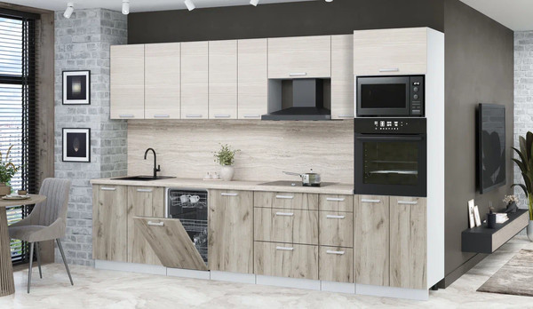 Изображение товара Кухонный гарнитур Интерлиния Мила Лайт 3.2-ПМ3 (вудлайн кремовый/дуб серый/травертин серый)